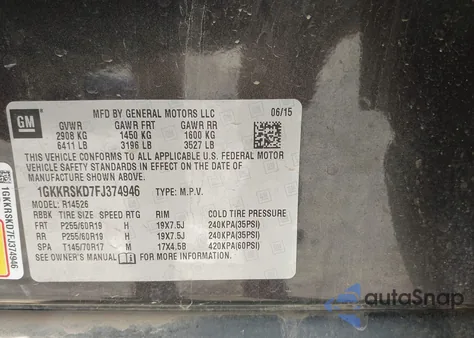 2015 GMC Acadia Slt-2 from USA, damaged, VIN 1GKKRSKD7FJ374946